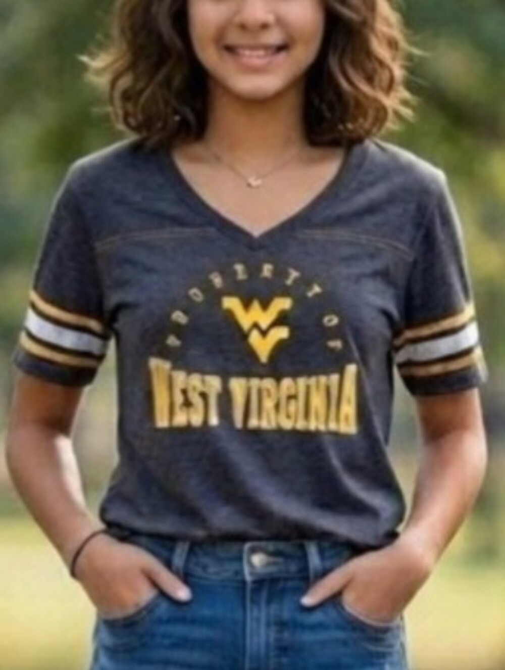 Russell WVU Mountaineers Athletic V-Neck Tee Vintage Style Blue Gold Stripe SZ L